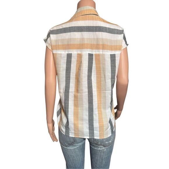 Shop basic women's sleeveless v-neck vertical striped polo tee size S,M - Picture 5 of 7